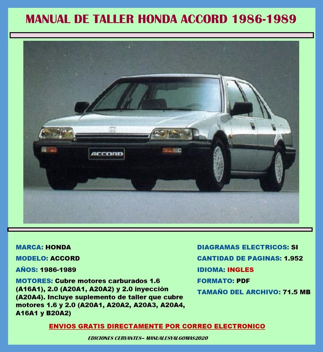 Manual De Taller Reparación Diagramas Honda Accord 1986-1989 - Bs. 8.434,93 en Mercado Libre
