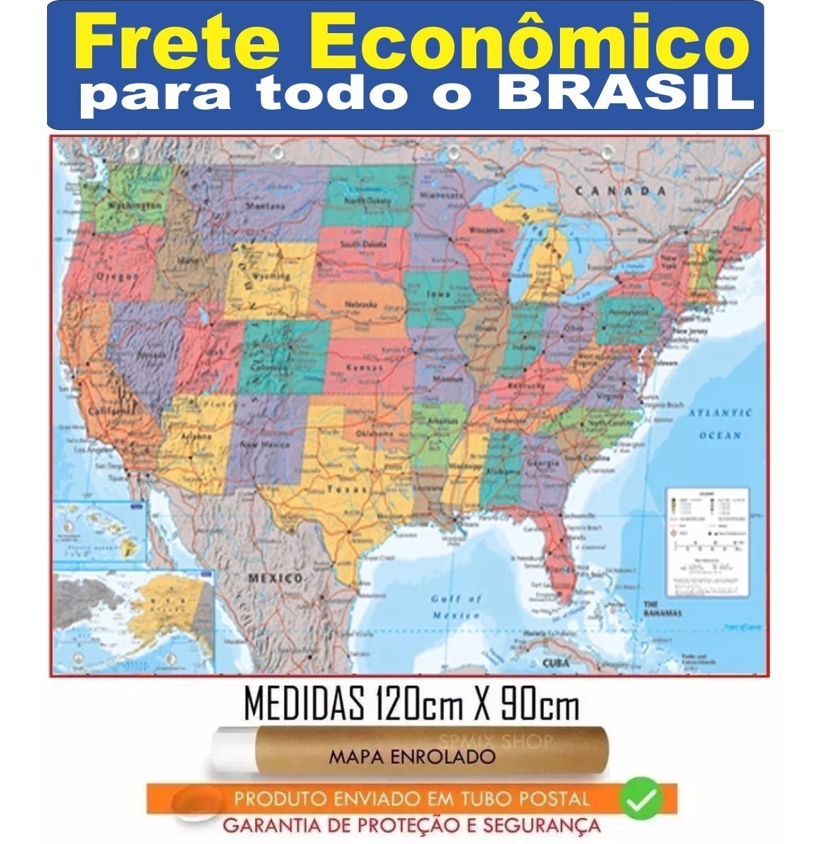 Mapa Estados Unidos America Eua 120x90cm Enrolado Frete R$20 - R$ 24,99