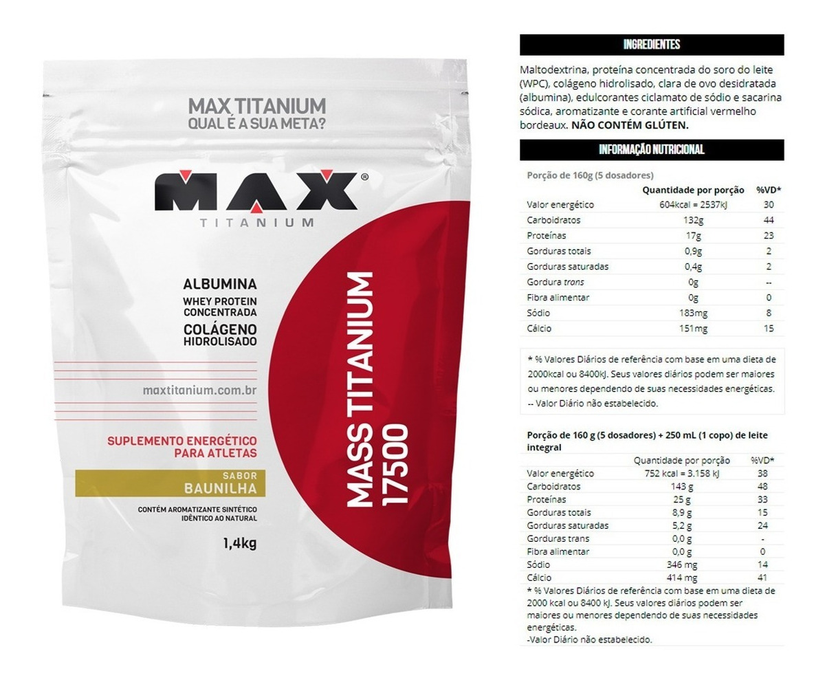 Mass Titanium 17500 3kg + Creatina 300g - Max + Probiótica - R$ 85,00 em  Mercado Livre