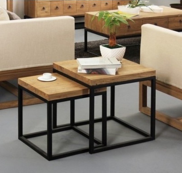 Mesas De Centro Para Sala De Herreria Mesa De Centro Doble Minimalista Madera Acero Hefesto - $ 200.00 en