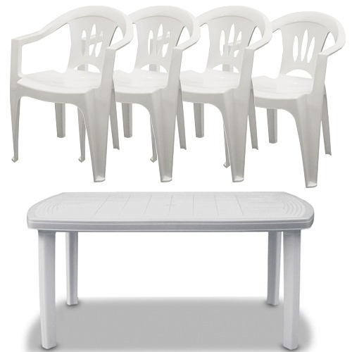 Mesa De Plástico Branca + 4 Cadeiras Com Braço Tramontina