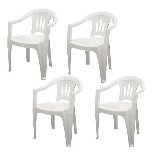 Mesa De Plástico Branca + 4 Cadeiras Com Braço Tramontina