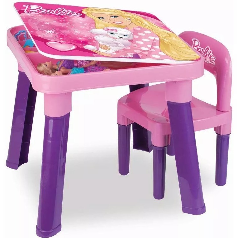 Mesa Mesinha Infantil Barbie + Duas Cadeira Com Baú R