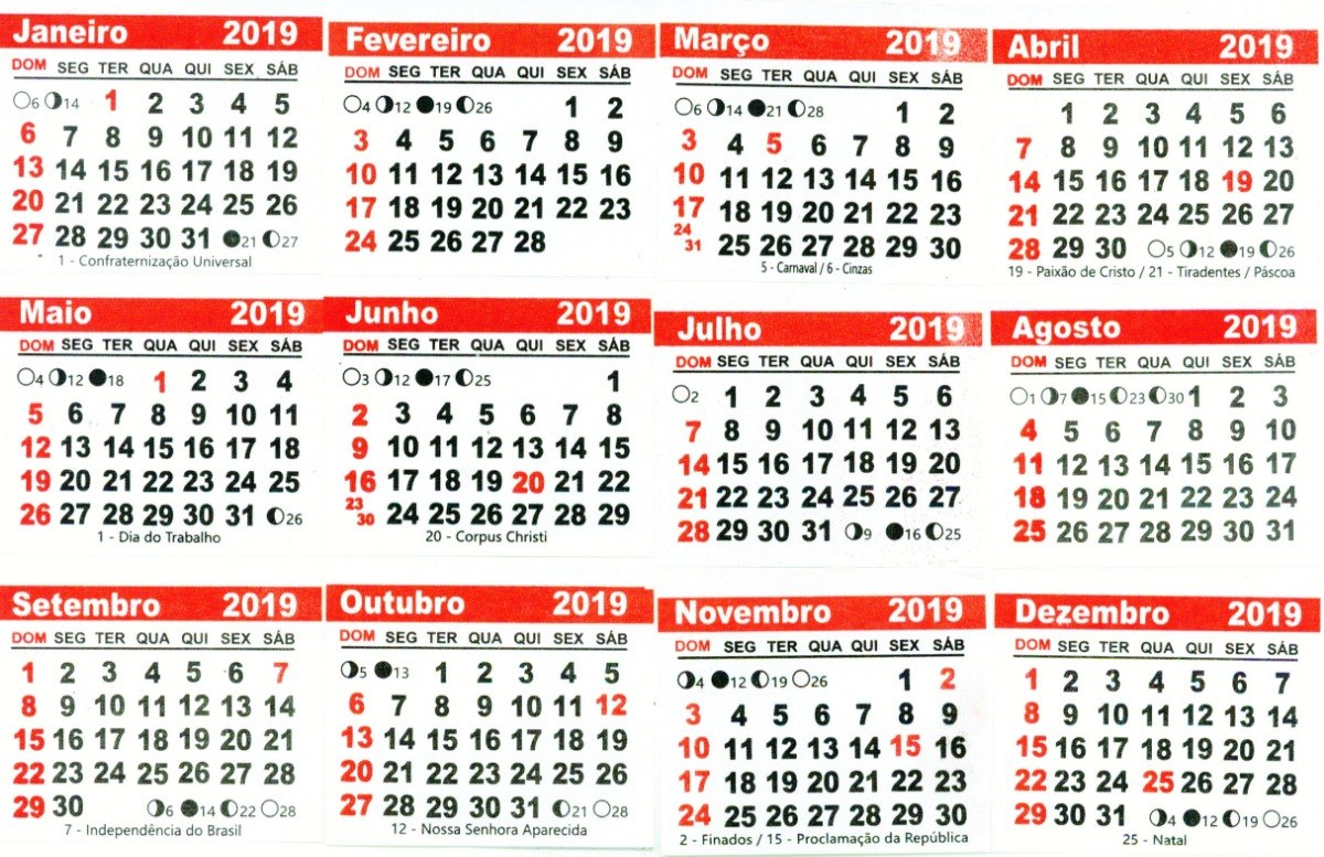 Resultado de imagem para calendario 2019