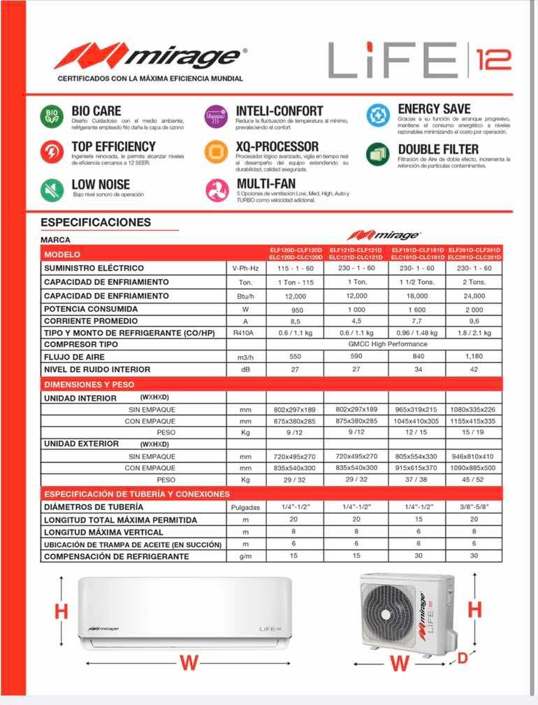 Mini Split Mirage Life 12 Frío Calor 12000 Btus 115v - $ 6,490.00 en