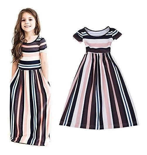Miss Bei Girls Summer Short Sleeve Stripe Holiday Dress Maxi Dress with Pocket Size 0-11T，Long Sleeve has Arrived 3-11T！！