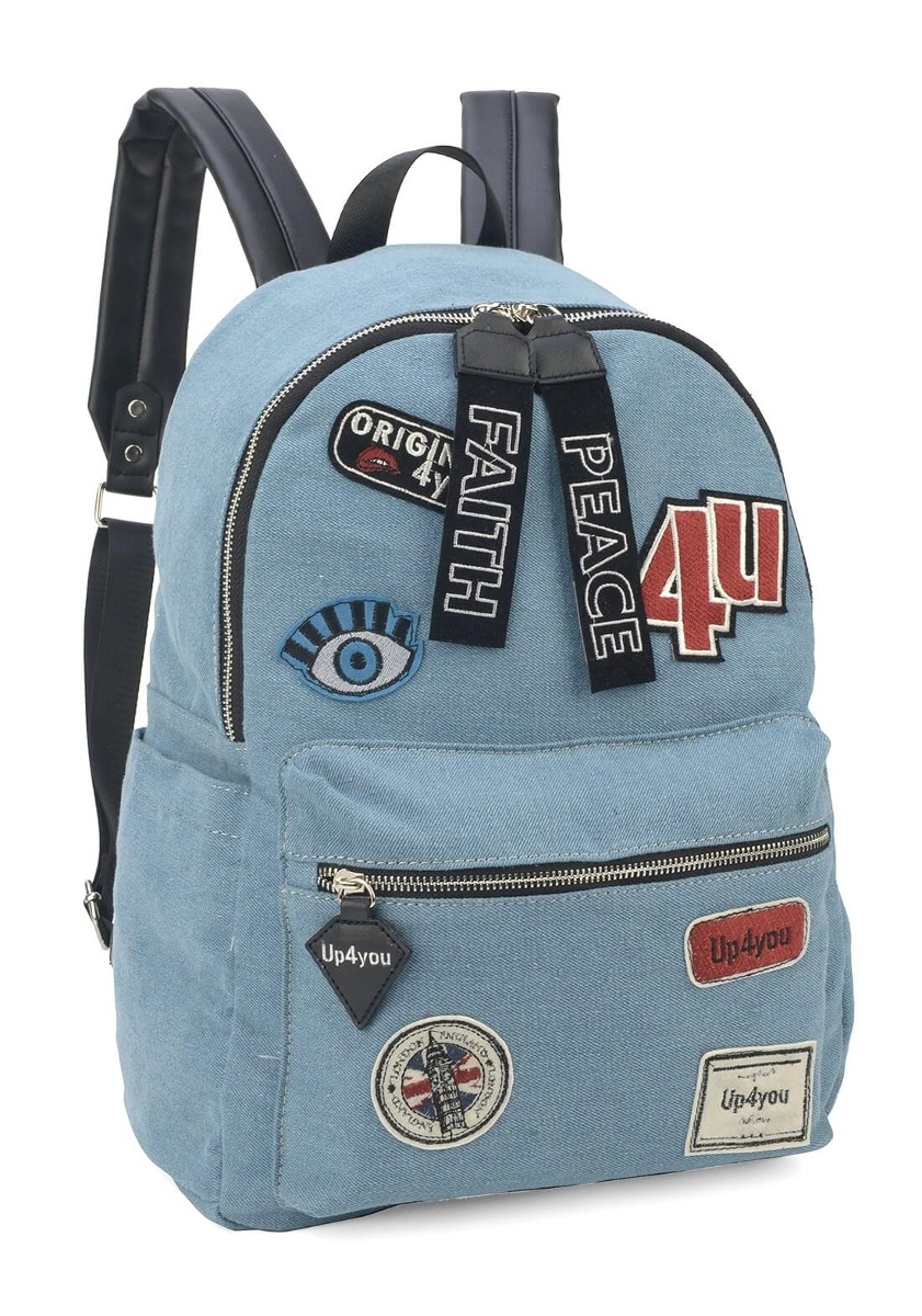 mochila jeans com patches