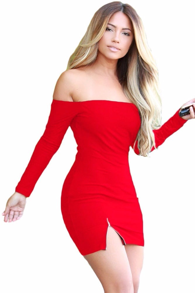 Moda Sexy Vestido Strapless Rojo Manga Larga Con Cierre 460 00 En