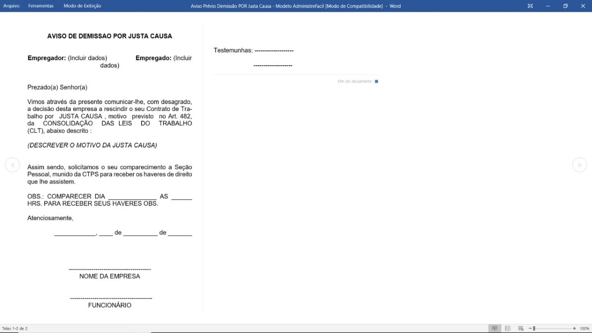 Modelo De Demissão Sem Justa Causa - Muitos Modelos