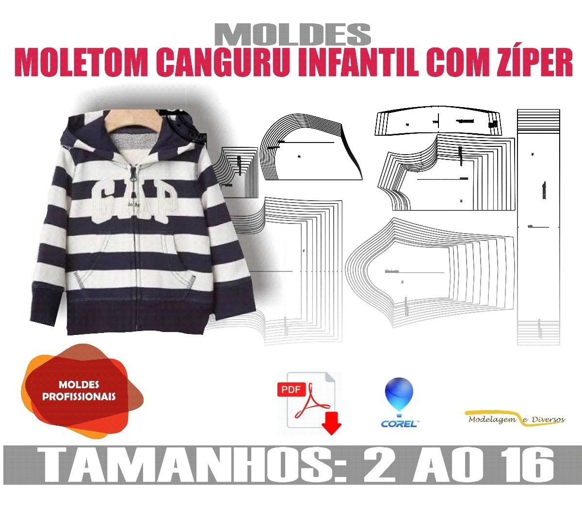 Molde Moletom Canguru Infantil Modelagem 2 Ao 16 Em Por Emai - R$ 17,99 em Mercado Livre