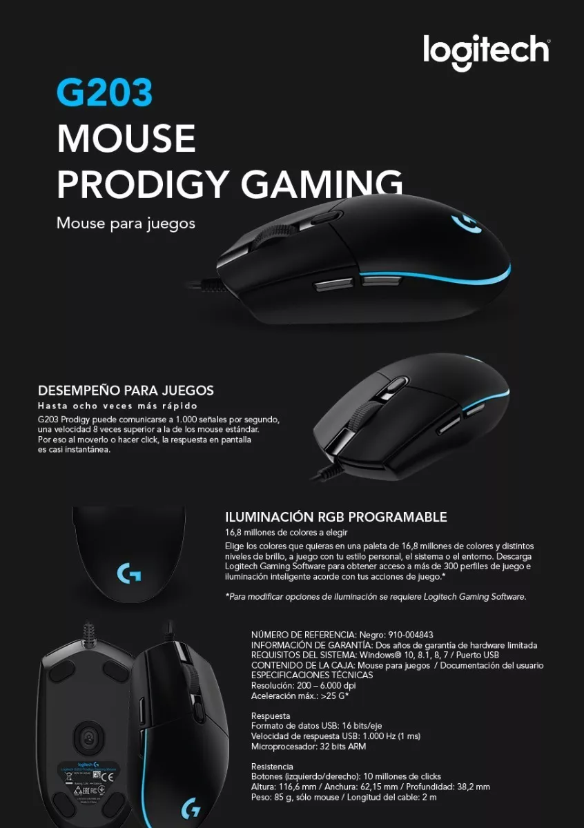 Overhard Mouse Gamer Logitech G203 8000 Dpi Prodigy Gaming Rgb Pc Rt 3 099 00