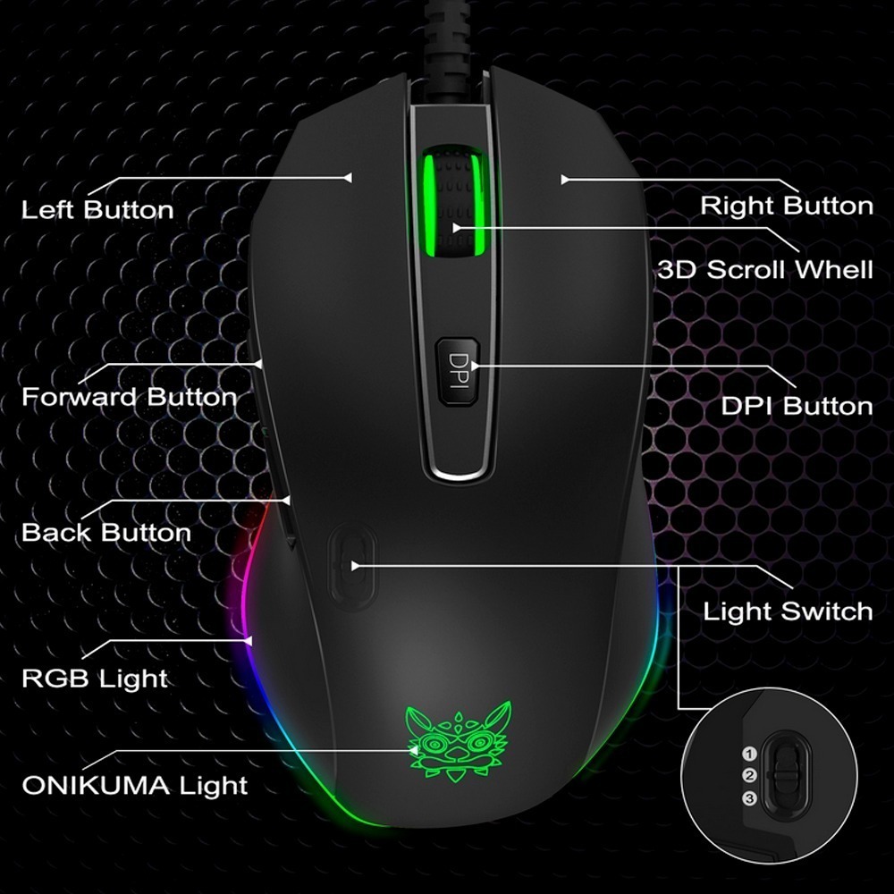 8,10 XP Vista y Mac OS Rat/ón Mouse PC Compatible con Windows 7 8000 dpi Ajustable ONIKUMA Rat/ón Gaming con Cable Rat/ón USB Ergon/ómico /Óptico para Juegos con Leds RGB