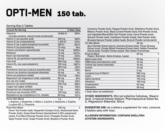 Resultado de imagem para opti-men 150 caps on tabela nutricional