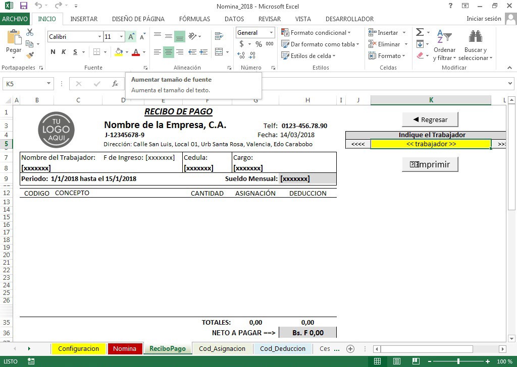 Nomina 2018 Control Recibo De Pago Lottt Plantilla Hoj