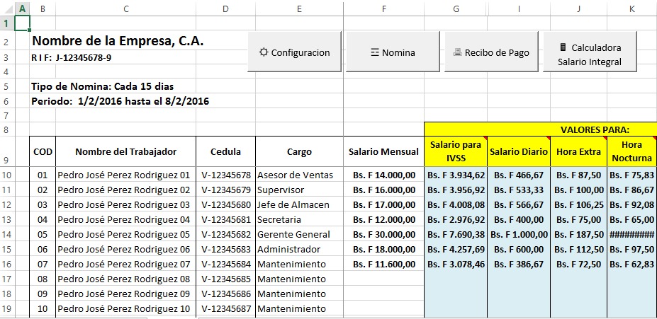 Nomina 2018 Control Recibo De Pago Lottt Plantilla Hoj Excel Bs. 500,00 en Mercado Libre