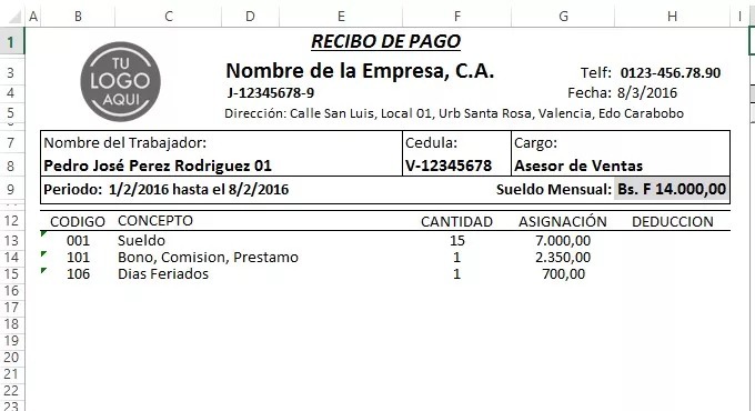 Nomina 2019 Control Recibo De Pago Lottt En Excel R M Bs. 1.000,00 en Mercado Libre