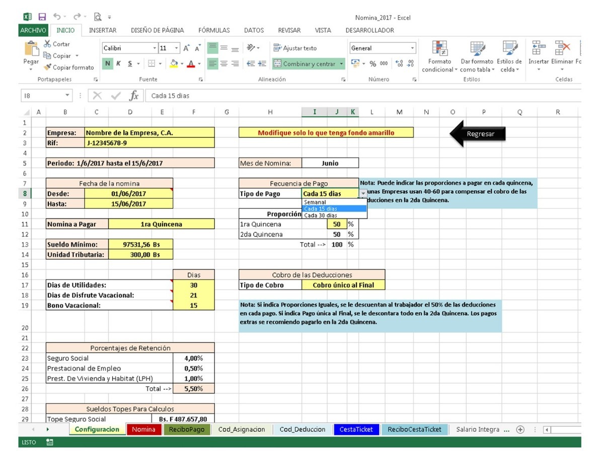 Nomina Excel, Recibo De Pago Semanal Quincenal Mensual