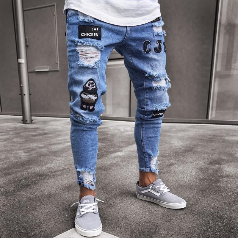 Pantalones Jeans De Moda Para Hombre Azul Claro Blanco 804 54