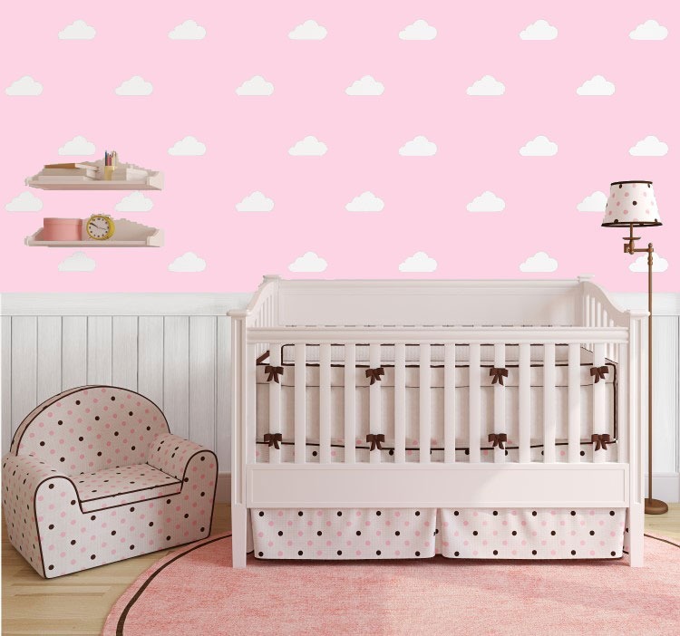 Papel De Parede Adesivo Nuvem Com Madeira Rosa Quarto