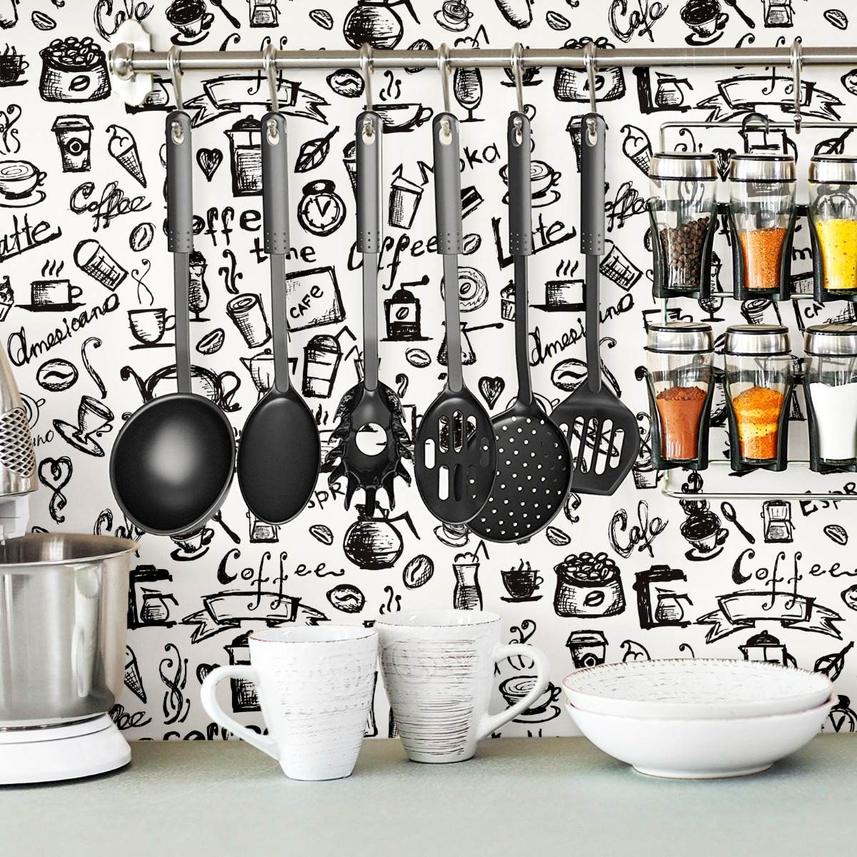 Papel de parede lavável preto e branco para cozinha