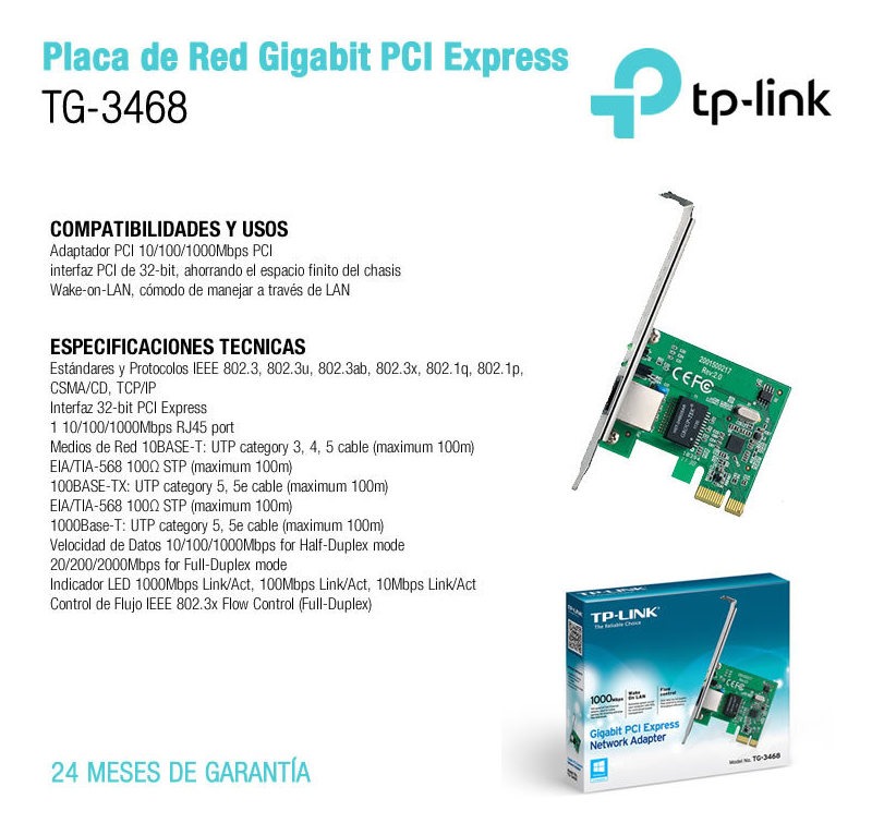 control de flujo 802.3x, Wake-on-LAN, 32 bits, RJ45 TP-Link TG-3468 Adaptador de red Gigabit PCI Express
