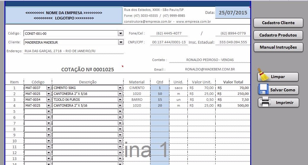 planilha cadastro produtos clientes orçamentos r 67 00 em planilha de orcamentos