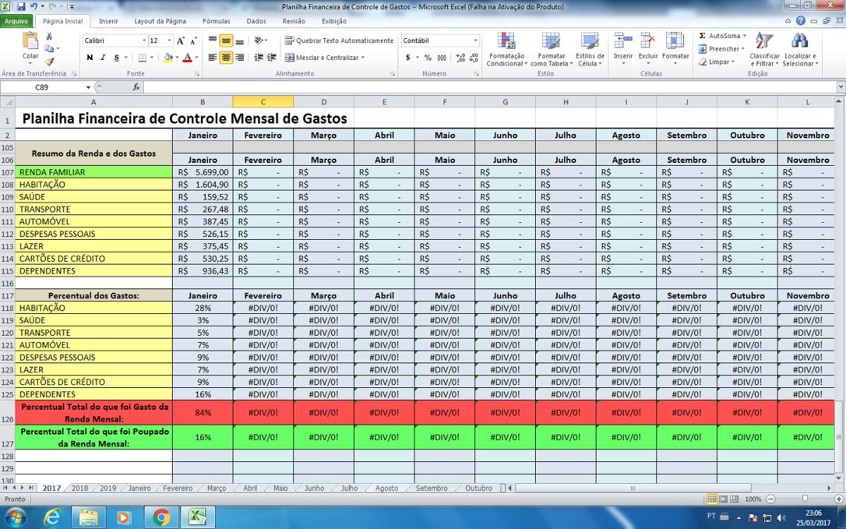 Planilha Para Controle Financeiro De Gastos Mensal E Diário R 100