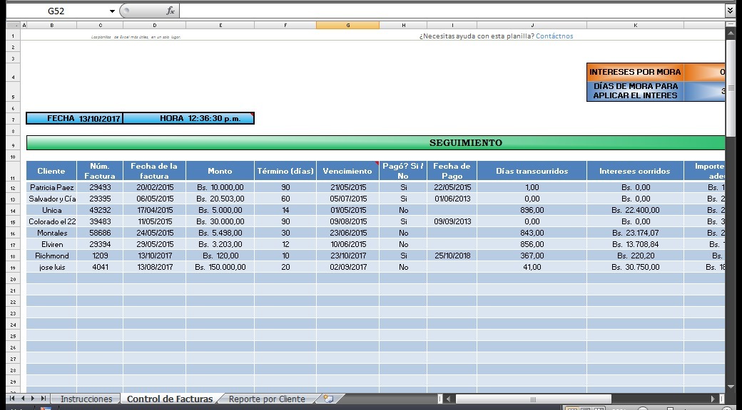 Plantilla En Excel Control De Cobro De Facturas Bs 150000 En