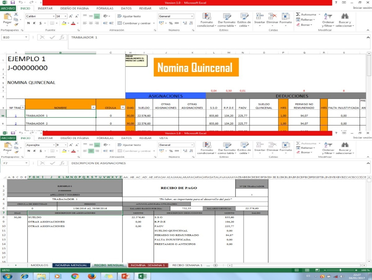 Plantilla Excel Nomina En Excel + Recibo De Pago Bs. 1