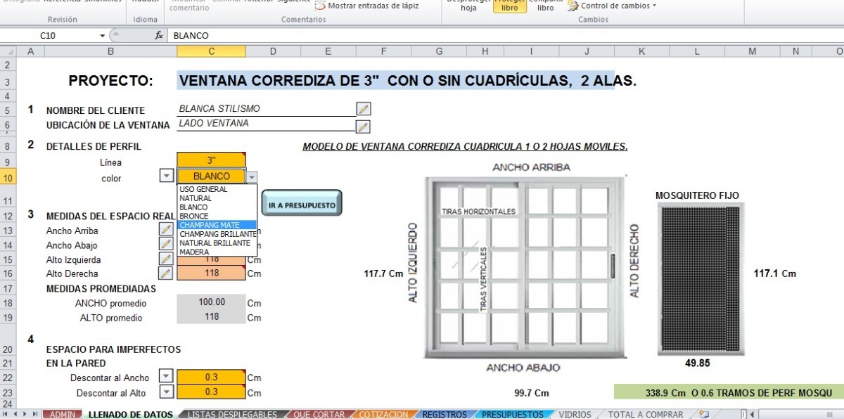 plantilla excel para calcular cortes en ventana de aluminio