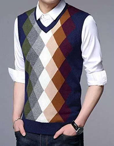 Pluszing Mens Argyle Slim Knitted Waistcoat Sleeveless Sweater Vest