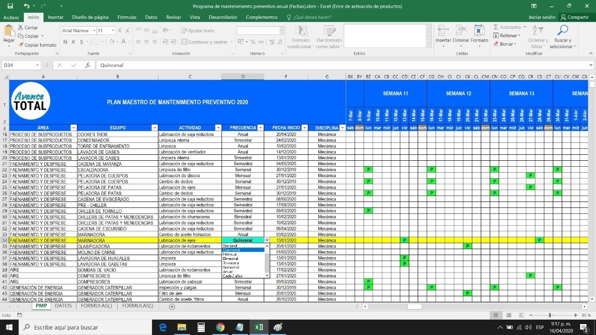 Programa De Mantenimiento Preventivo En Excel Plantilla Us 1500