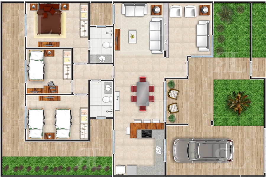 Projeto Casa Térrea Moderna 3q - Planta Completa - R$ 831,00 em Mercado