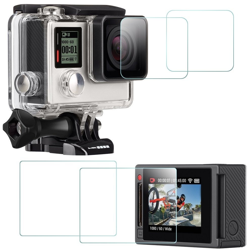 Vidrio para GoPro Hero 4 Negro//Plata Pantalla Lente /& Protector De Pantalla 4-Pack