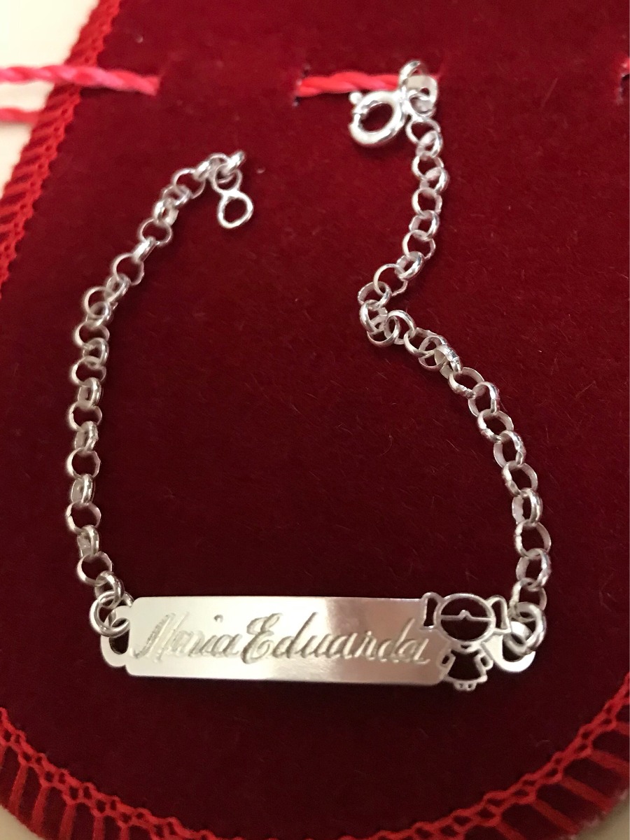 Pulseira De Bebe Com Nome Pulseira Bebê Infantil Chapa Gravada Com Nome Prata 925 - R$ 34,58 em