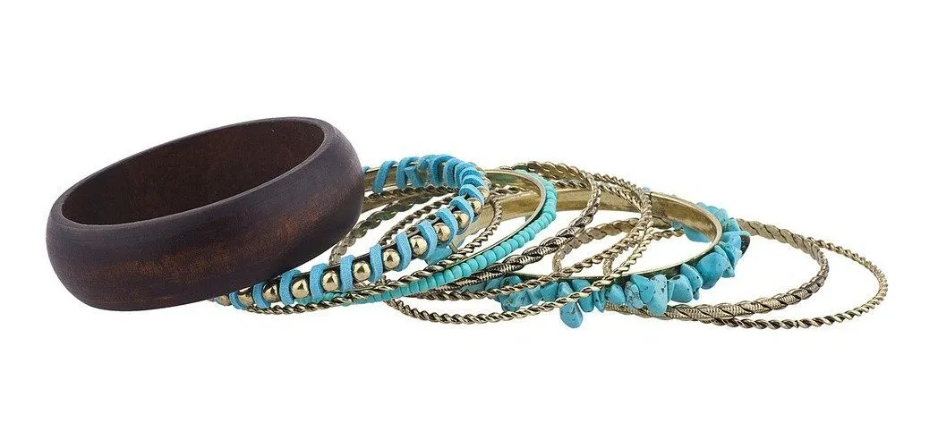 Lux Accessories Boho Wooden Turq Bangle Bracelet Set