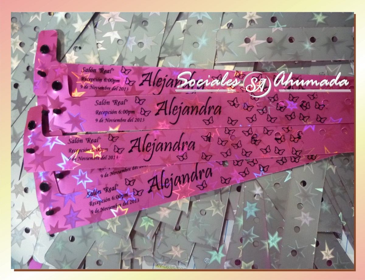 pulseras de plastico invitaciones a 10.00 c/u.