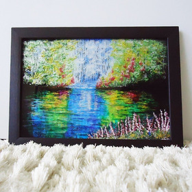 Quadro Lago Encantado, Pintura Em Vidro Com Verniz Vitral