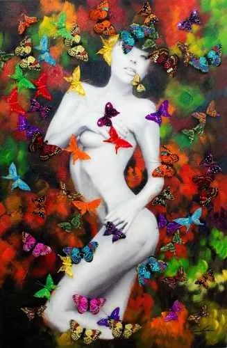 quadro pintura mulher com borboletas  120x80x4cm