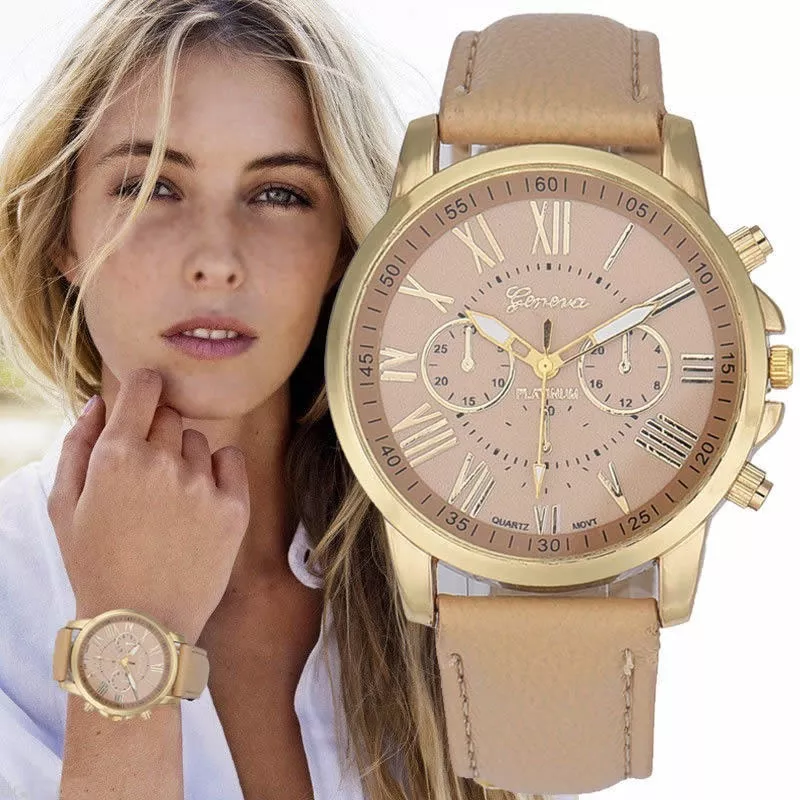 Relofio Feminino Barato Dourado Pulseira Couro Bege Nude