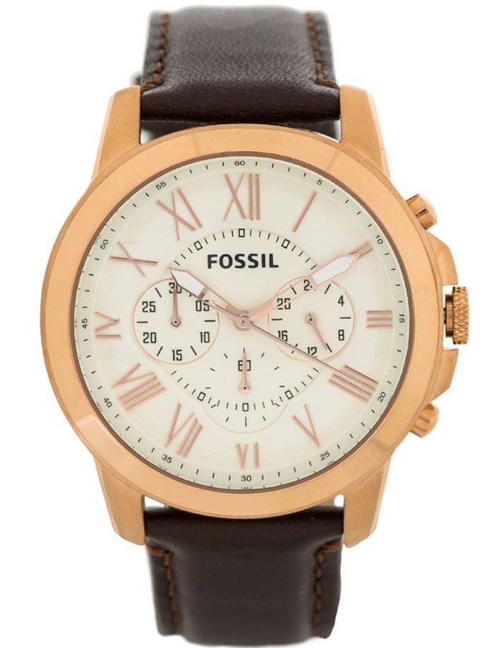 Reloj Fossil Grant Fs4991 Chrono Piel/acero Café/oro Rosa - $ 3,229.00 en Mercado Libre