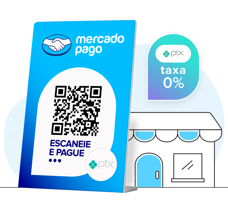Um homem apoiado na placa com QR Code com uma maquininha Point atrás