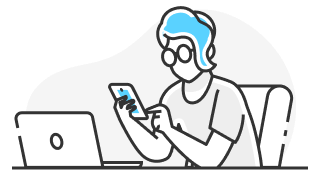 Ilustraçao de uma pessoa utilizando o celular em frente ao computador, ilustrando um atendimento.