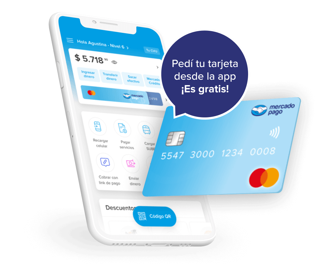 Un celular con la app de mercado pago en la pantalla, una tarjeta y un círculo con el texto Pedí tu tarjeta en la app, es gratis.