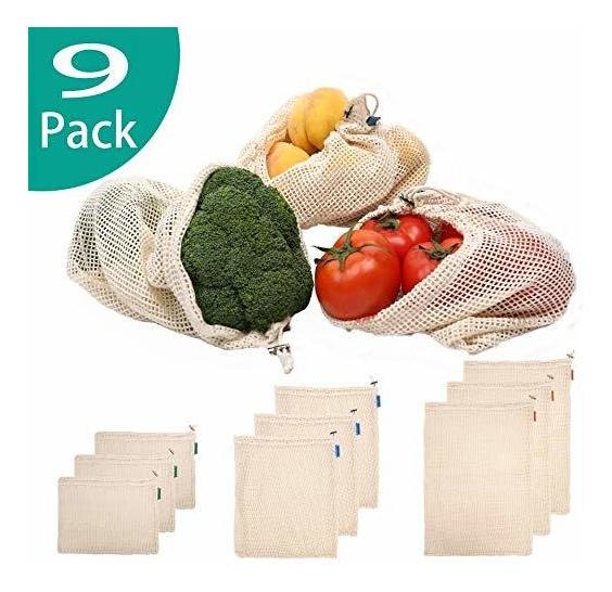 Juego de 3 Almacenamiento Sin blanquear Libre de poli/éster Compras Biodegradable Brocoly Bolsas organicas de Malla Reutilizables Organizacion|100/% algod/ón Natural