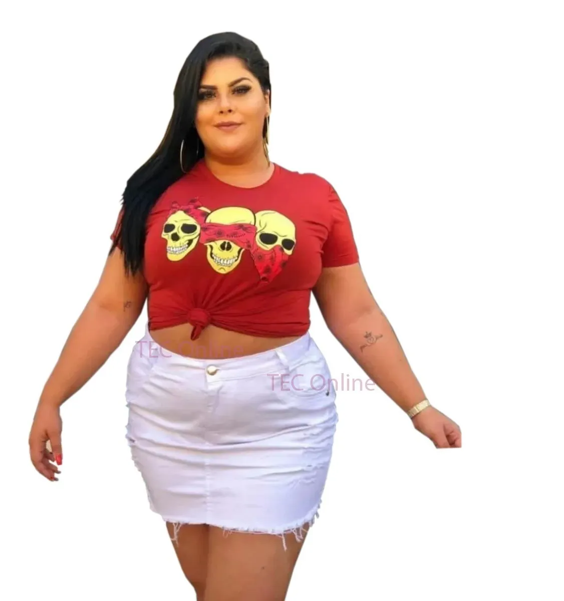 TEC ONLINE | Saia Jeans Plus Size Branca Cintura Alta Desfiada Com Lycra - R$ 98,50