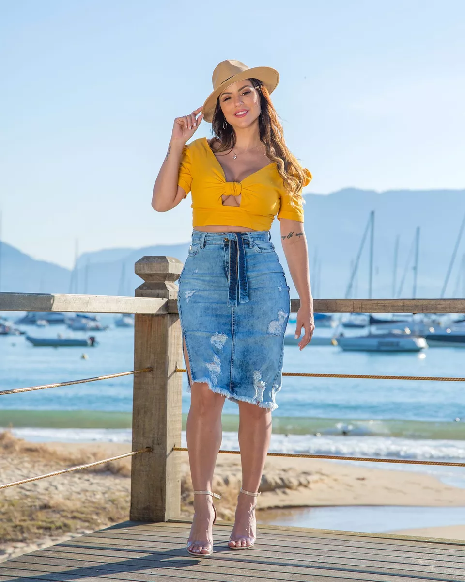 saia jeans midi desfiada