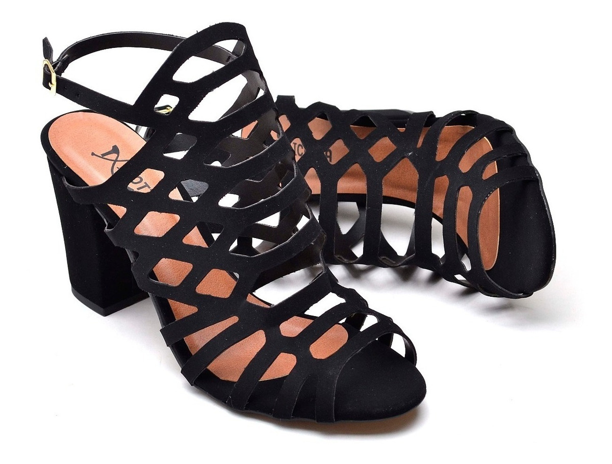 Sandália Feminina Salto Alto Quadrado Gladiadora Preta/nude - R$ 147,90 em Mercado Livre