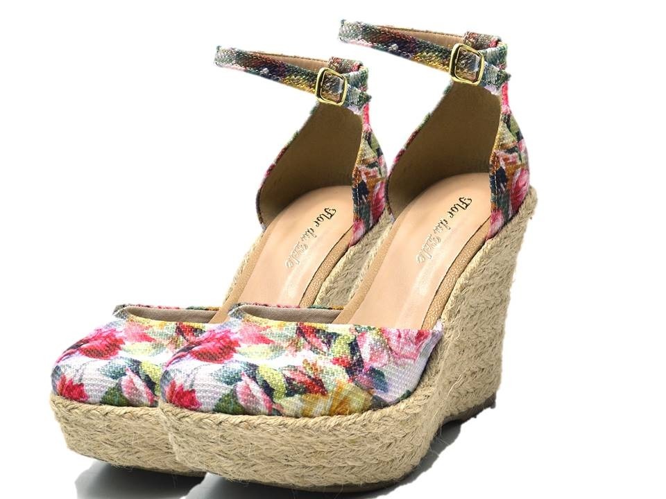 Sandália Feminina Salto Anabela Em Sisal E Tecido Floral - R$ 110,90 em Mercado Livre