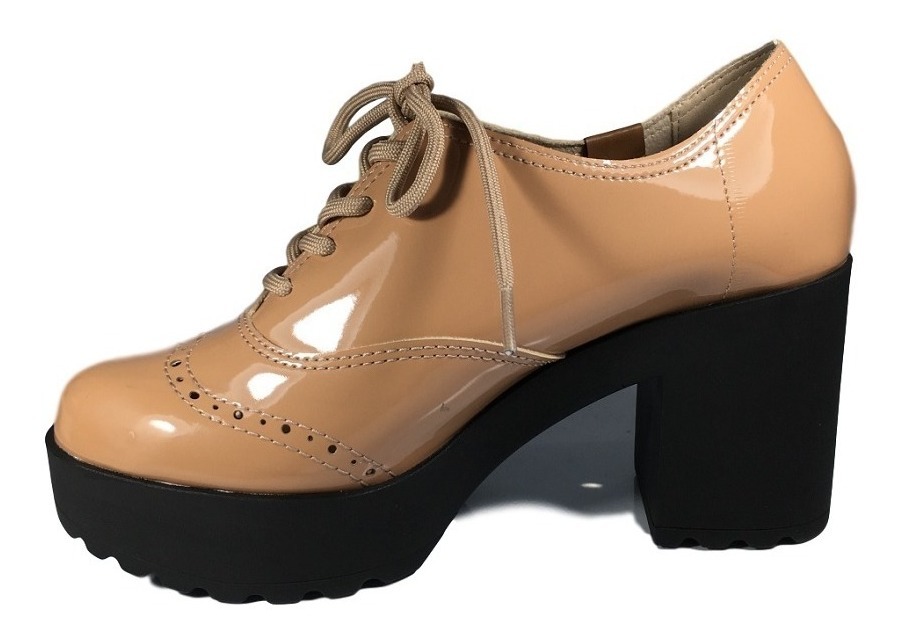 Sapato Oxford Moleca Feminino Bege Verniz Salto Tratorado - R$ 125,09 em Mercado Livre